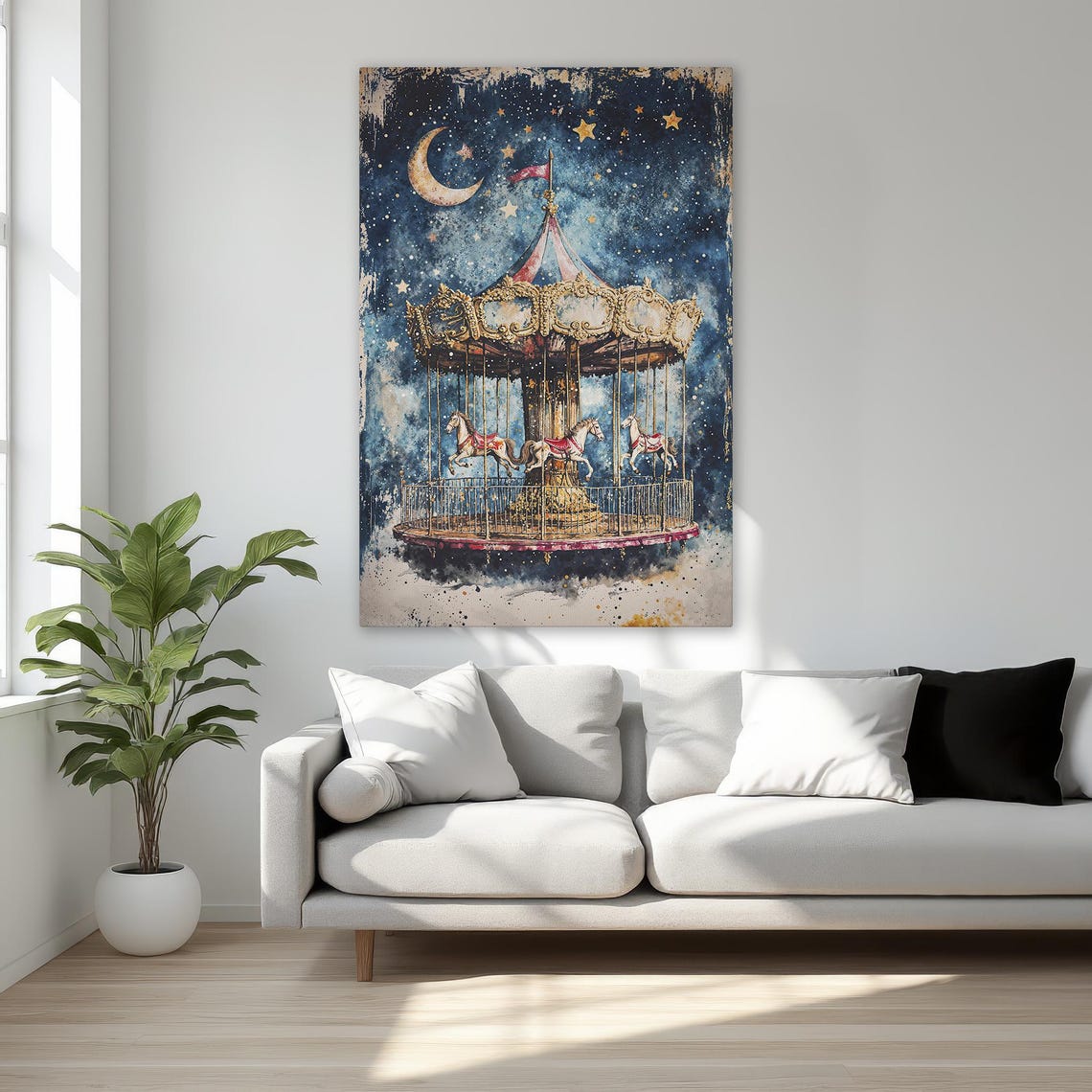 Vintage Carousel Horse under a Starry Night Sky with Moon Poster