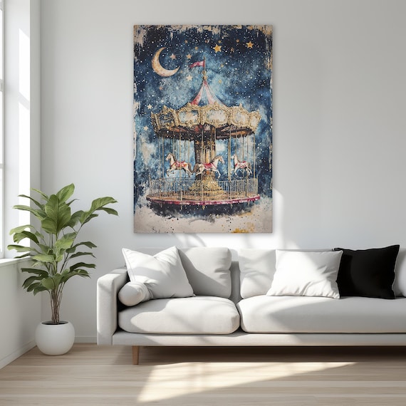 Vintage Carousel Horse under a Starry Night Sky with Moon Poster