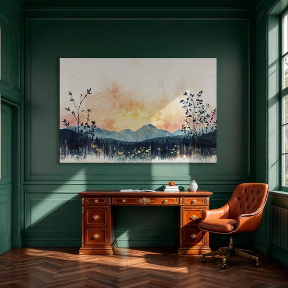 Sunset Landscape Mountain Silhouette Framed Canvas Print Nature Inspired Wall Art Minimalist Decor Ready To Hang In Living Room