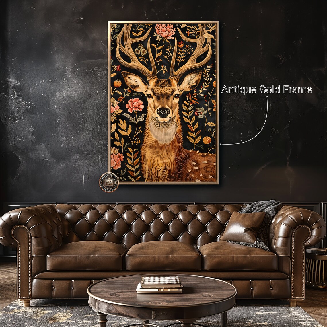 Stag With Grand Antlers Gold Floral Black Background Wildlife Painting Poster - Image 5