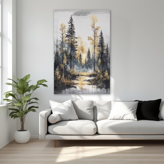 Autumn Forest Stream Golden Leaves Pine Trees Landscape Art Poster