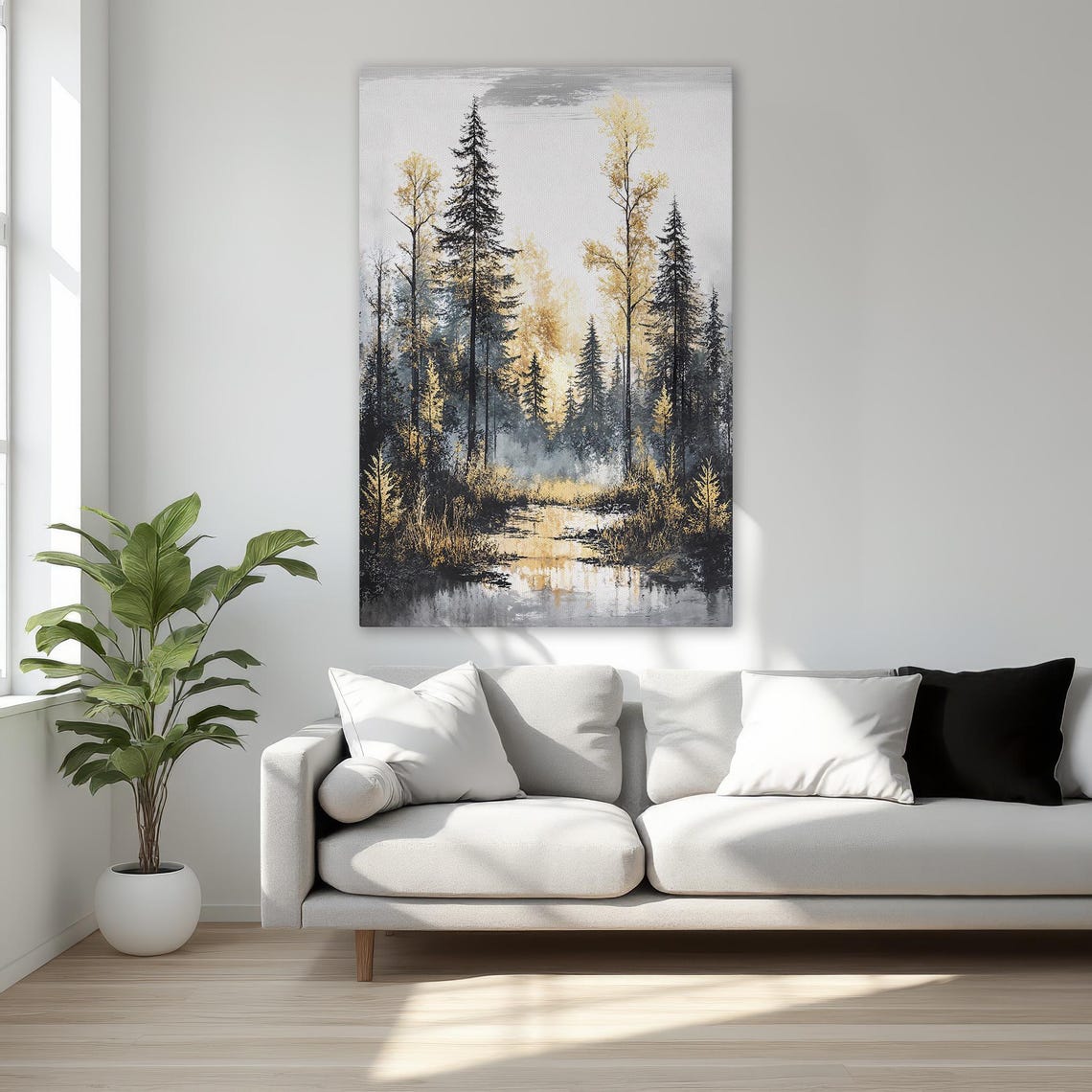 Autumn Forest Stream Golden Leaves Pine Trees Landscape Art Poster