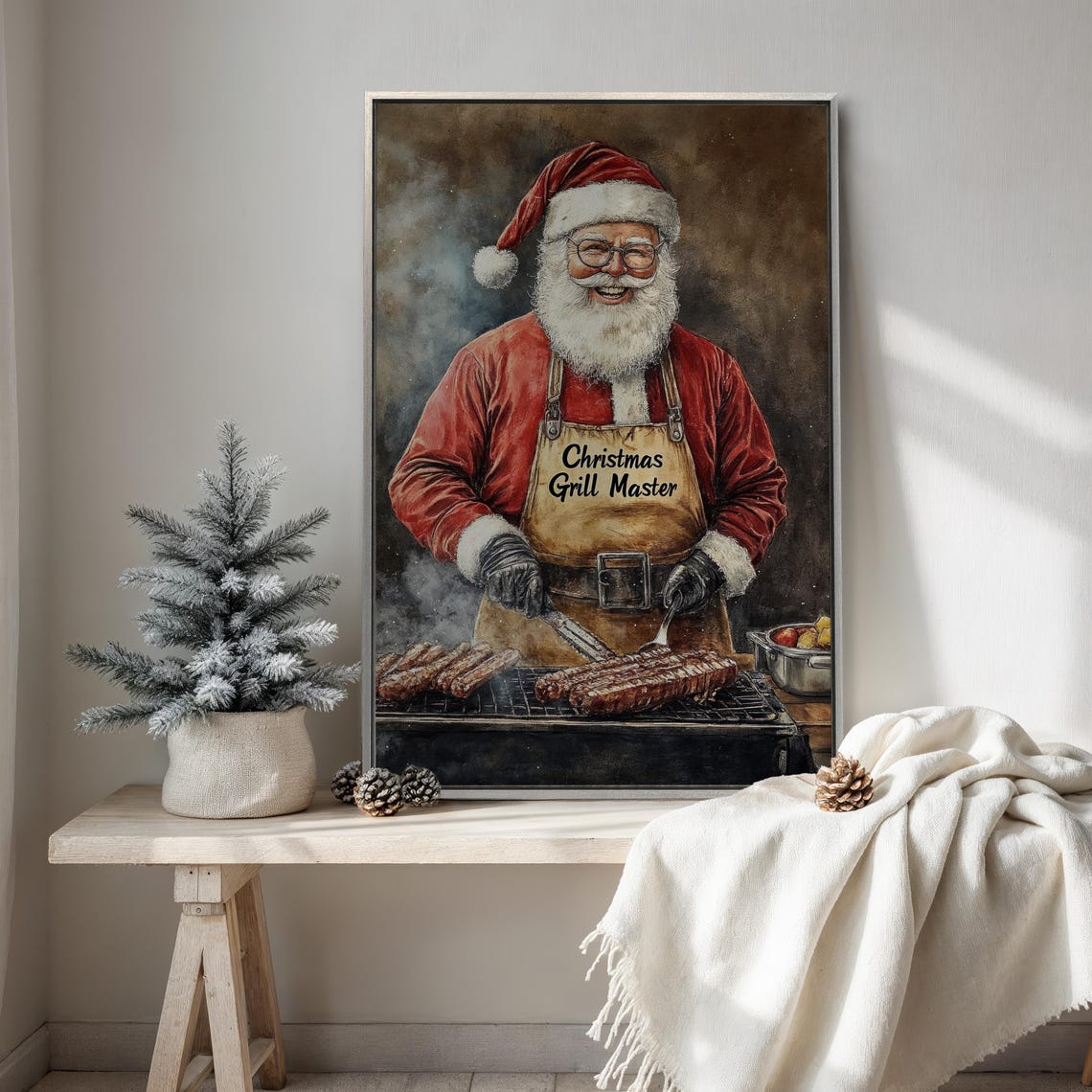 Santa Claus Christmas Grill Master BBQ Painting Kitchen Decor Poster