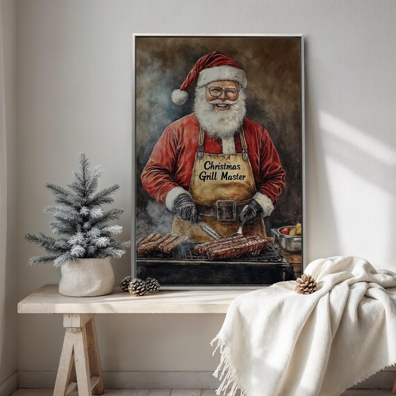 Santa Claus Christmas Grill Master BBQ Painting Kitchen Decor Poster