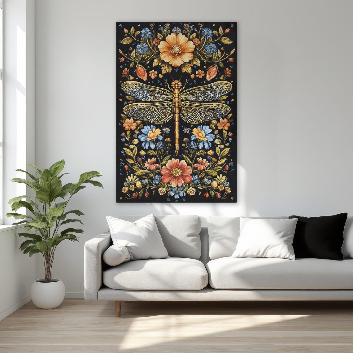 Golden Dragonfly Colorful Floral Botanical Dark Moody Art Poster