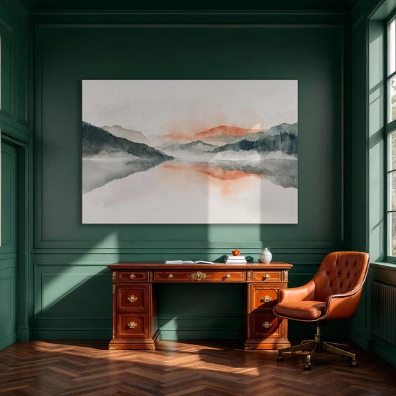 Panoramic Landscape Of Mountain Lake Framed Canvas Print Misty Forest At Sunrise Wall Art Watercolor Painting Ready To Hang
