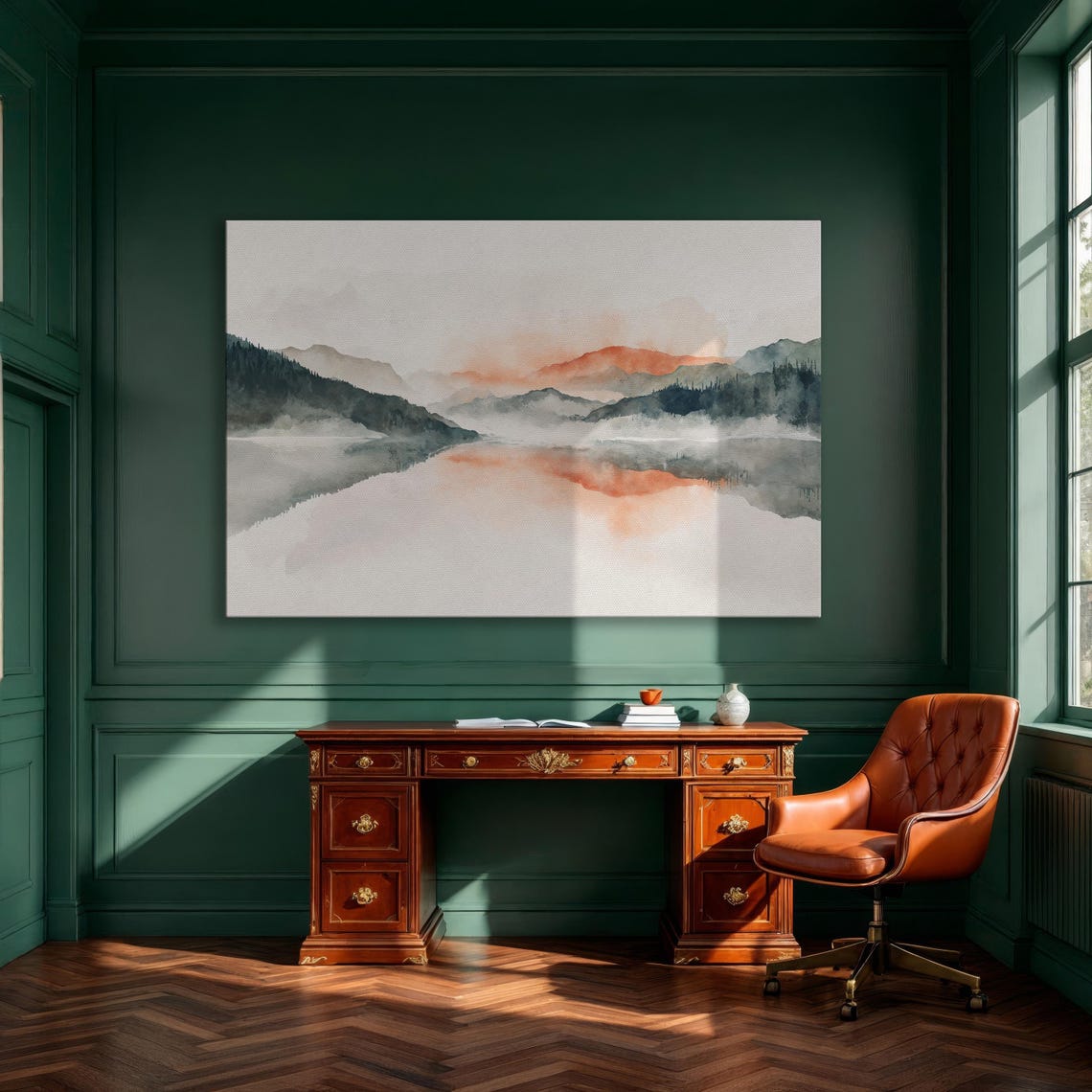 Misty Mountain Lake Sunrise Watercolor Landscape Scenic Poster