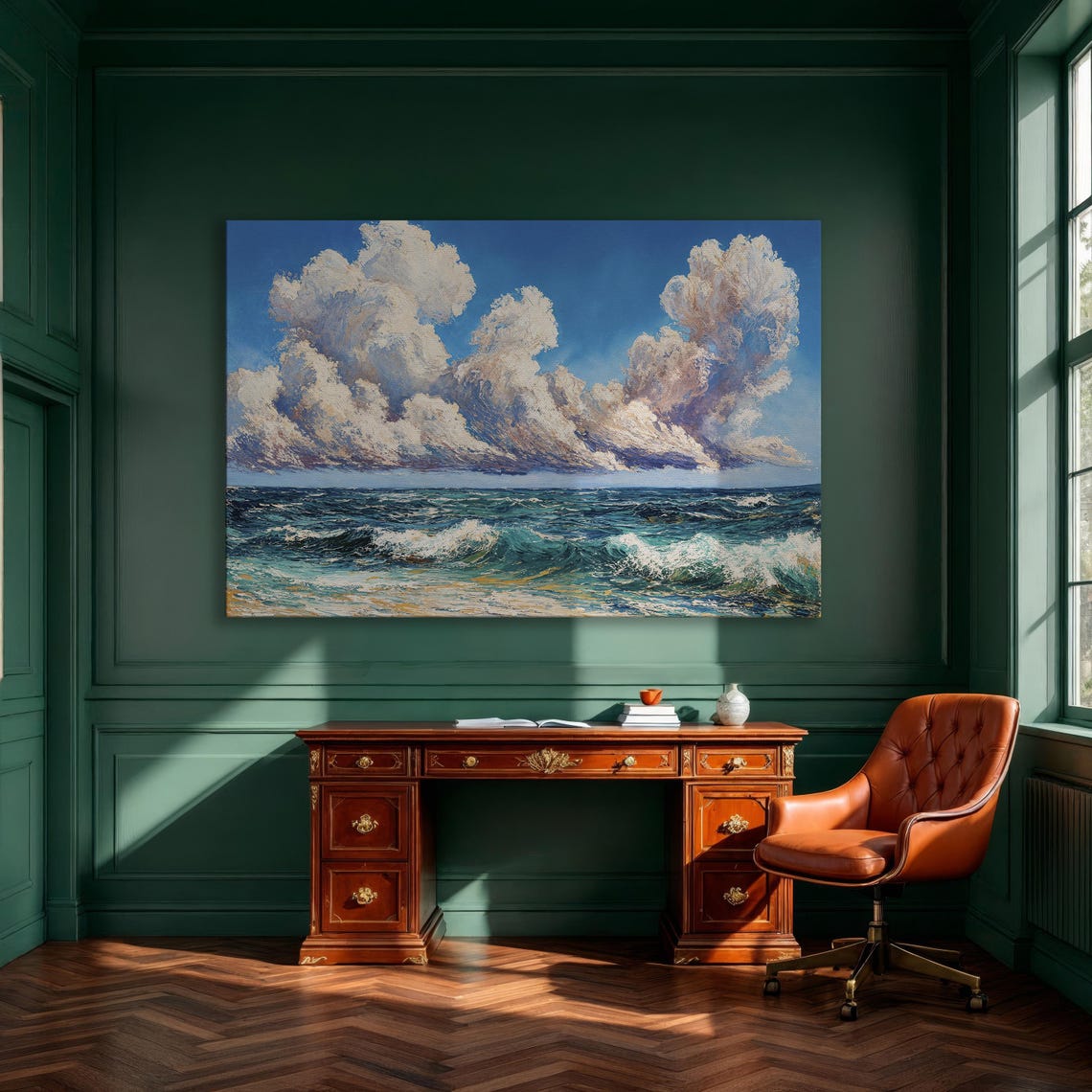 Turquoise Ocean Waves Under Towering White Clouds Sky Poster