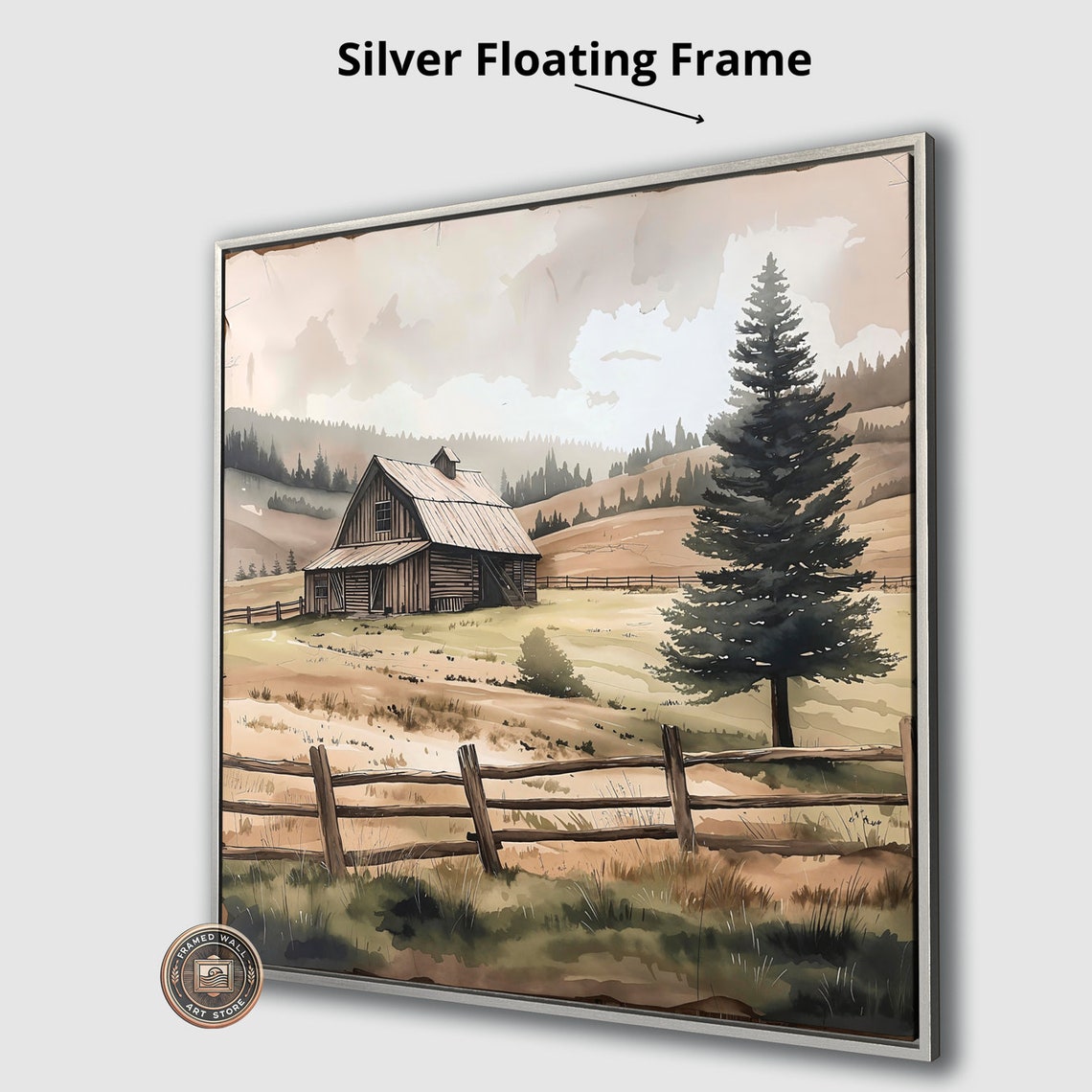 Rustic Wooden Barn Pine Tree Rolling Hills Watercolor Art Poster - Image 4