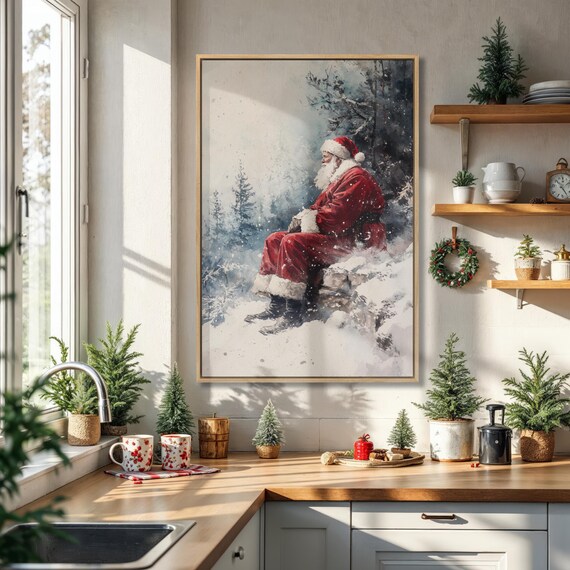 Santa Claus Resting In Snowy Winter Landscape Watercolor Poster