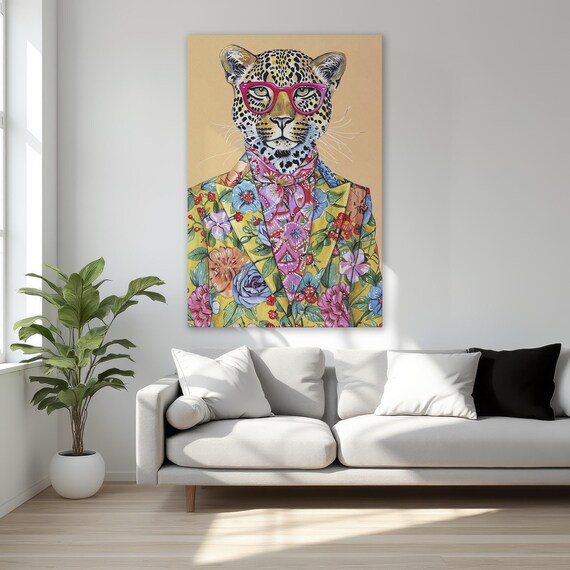 Stylish Leopard With Glasses In Floral Suit Colorful Framed Canvas Print Vibrant Animal Art Trendy Wall Decor Ready To Hang