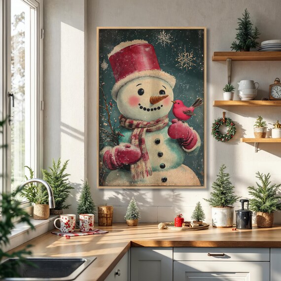 Vintage Snowman With Red Bird Dark Teal Christmas Portrait Poster