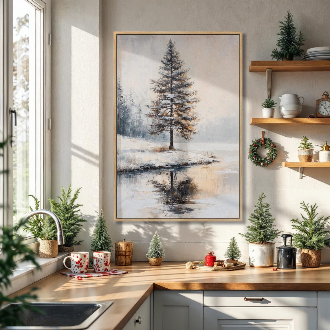Snowy Pine Tree by a Frozen Lake Winter Landscape Art Poster