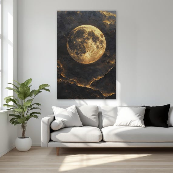 Mystical Gold Full Moon Framed Canvas Print Abstract Night Sky Wall Art Celestial Painting Enchanted Decor Ready To Hang