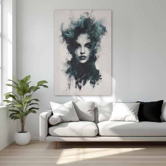 Elegant Abstract Woman Face Art Framed Canvas Print Mystical Portrait Wall Minimalist Decor Gift For Him Ready To Hang