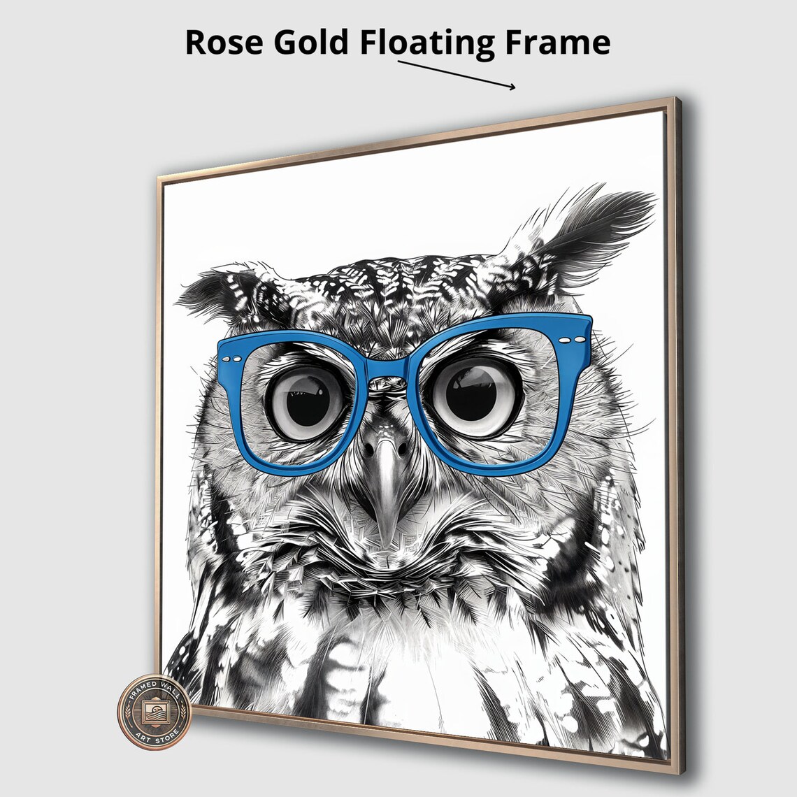 Owl With Blue Glasses, Black And White Art Print - Image 3