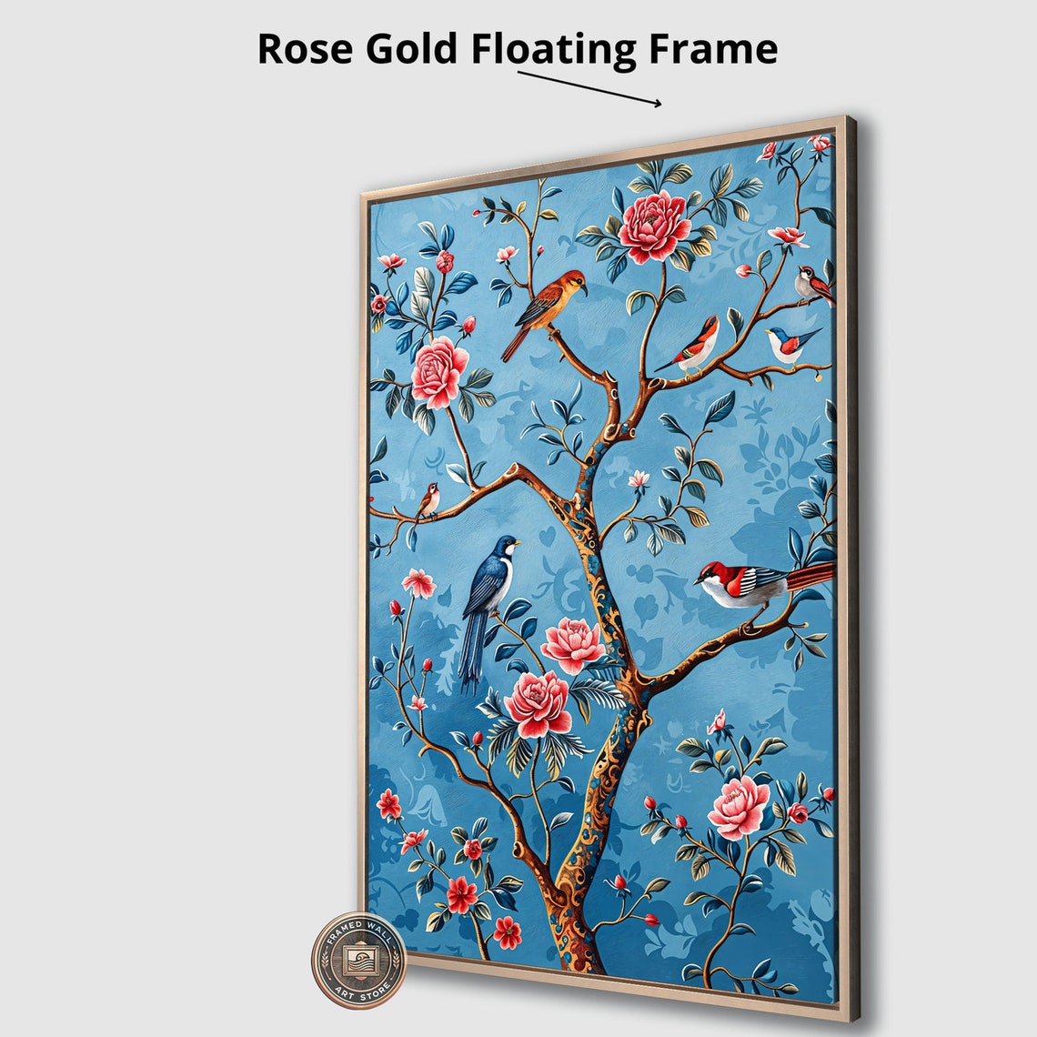 Chinoiserie Rose Tree Colorful Birds Sky Blue Oriental Art Poster - Image 3