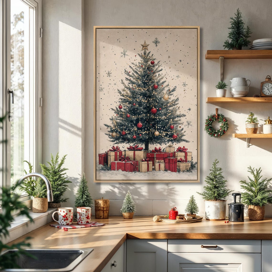 Decorated Christmas Tree With Red Gifts Holiday Scene Poster