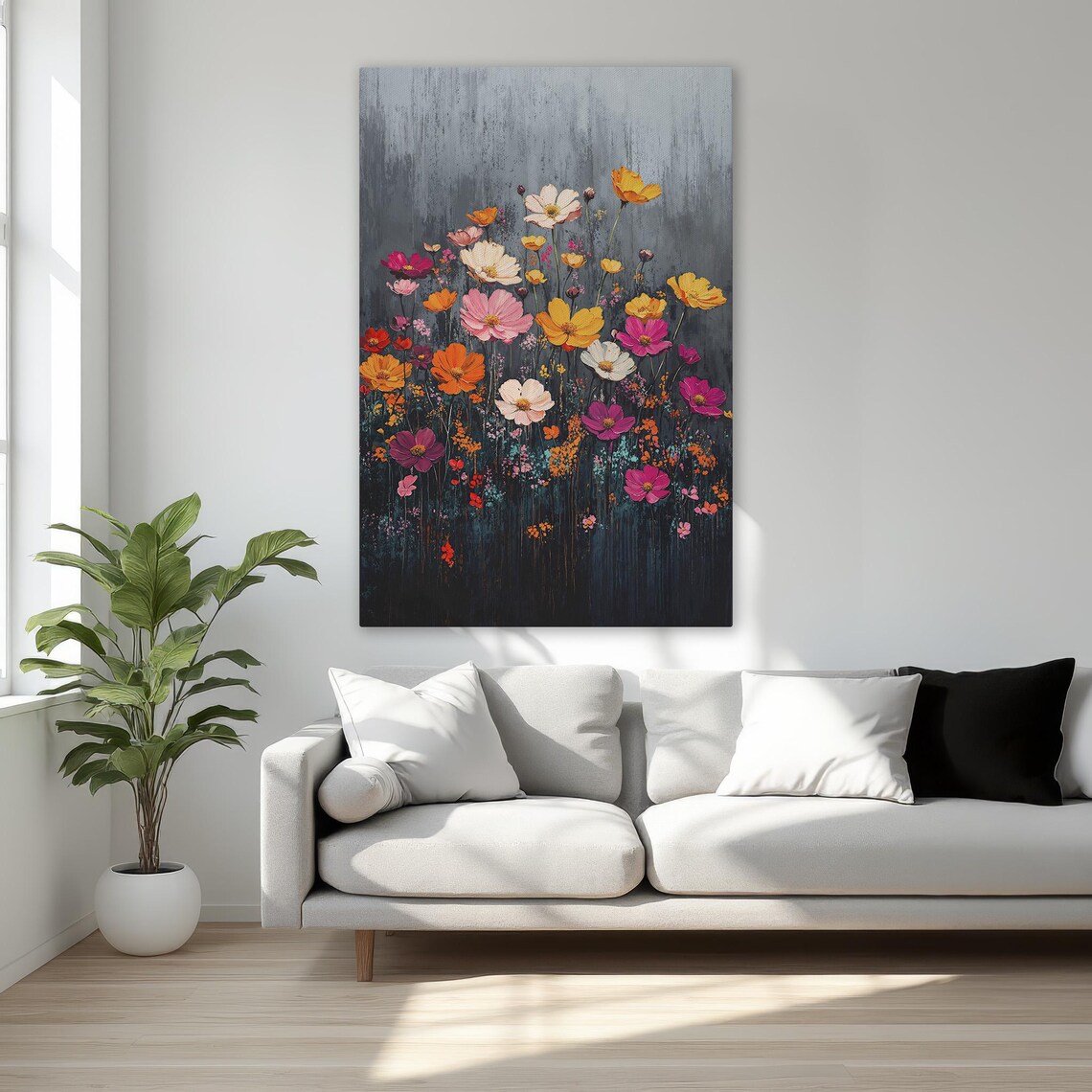 Colorful Cosmos Wildflowers Dark Background Floral Canvas Art Poster