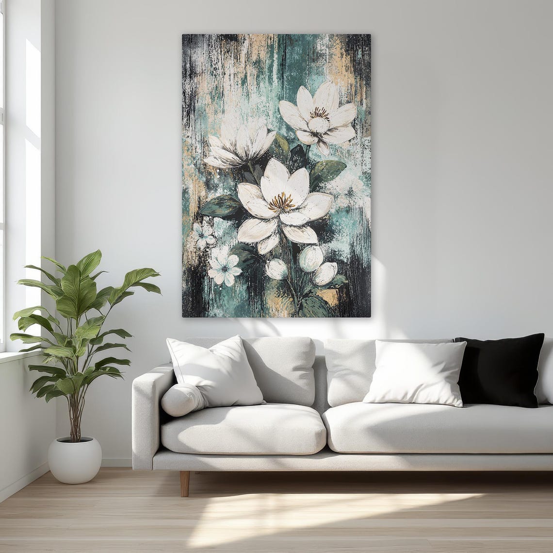White Blossoms Abstract Teal and Gold Floral Modern Art Decor Poster