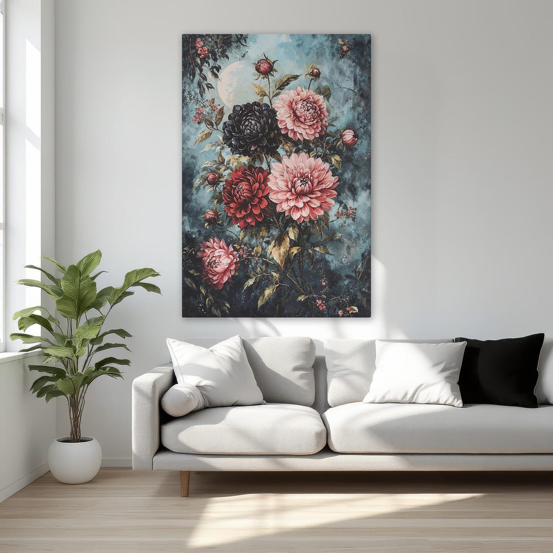 Moonlit Dahlia Bouquet Vintage Floral Night Scene Canvas Wall Art