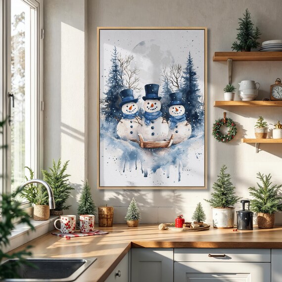 Whimsical Snowmen Framed Canvas Wall Art Winter Holiday Watercolor Painting Print Nursery Xmas Decor Festive Christmas Poster Ready To Hang