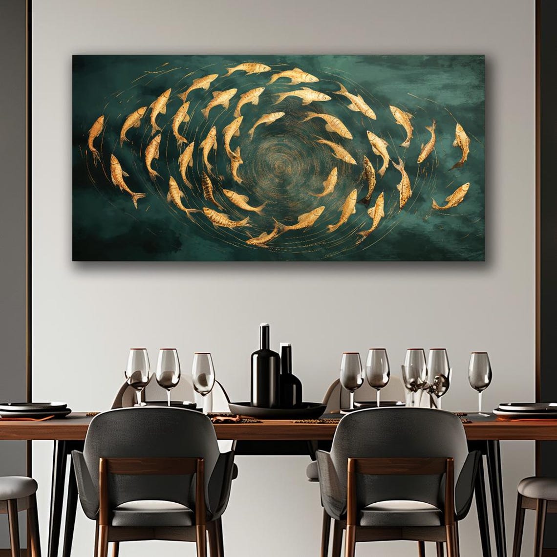 School Of Golden Fish Swirling On Deep Teal Water Art Poster - Image 2