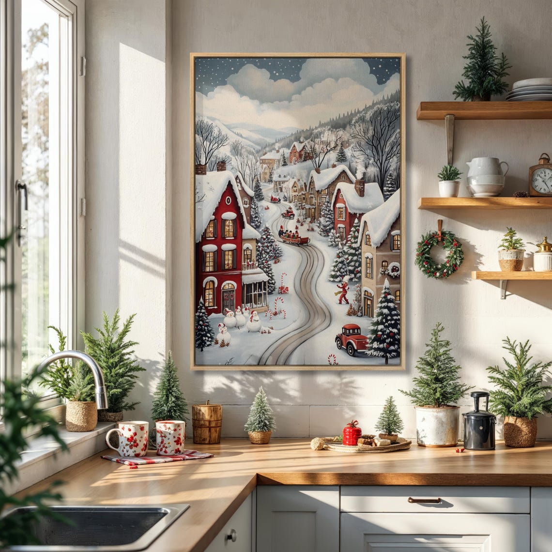 Snowy Winter Village Sleigh Ride With Snowmen and Red Truck Poster