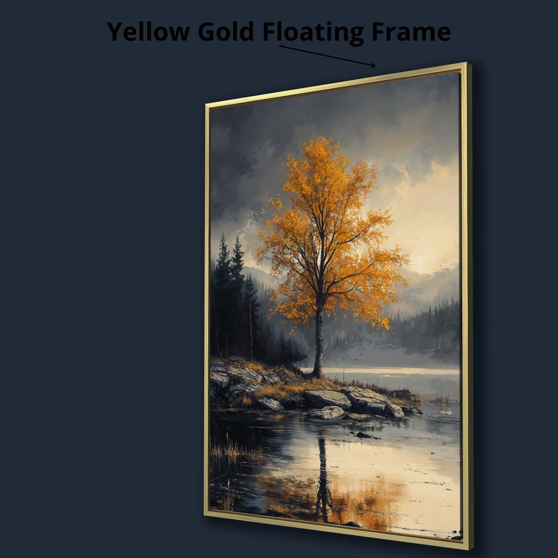 Golden Autumn Tree By Lake Rocky Shore Moody Nature Art Poster - Image 3