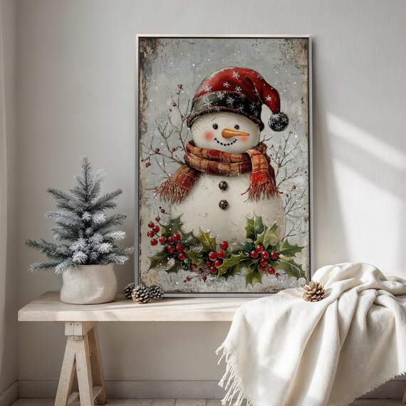 Rustic Snowman Red Nightcap Holly Vintage Christmas Wall Art