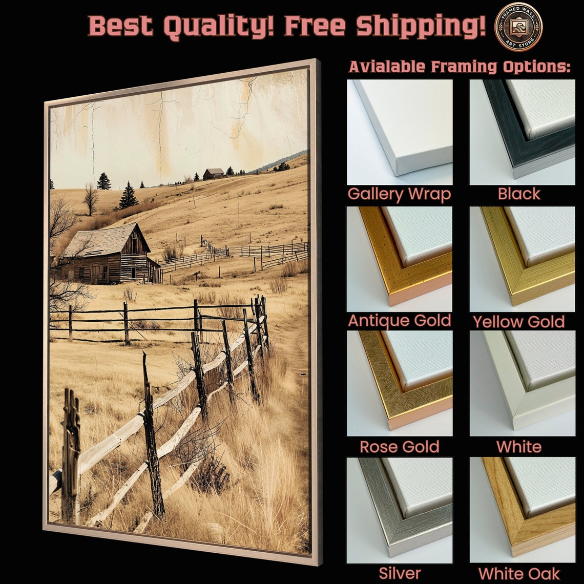 Rustic Old Barn Fences Golden Hills Vintage Sepia Photo Art Poster - Image 5