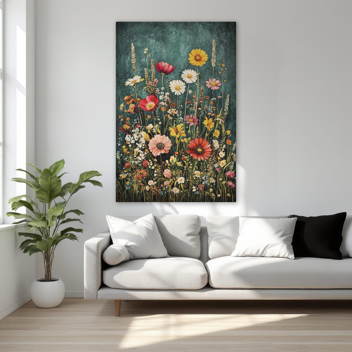 Summer Wildflowers on Teal Background Botanical Floral Art Poster