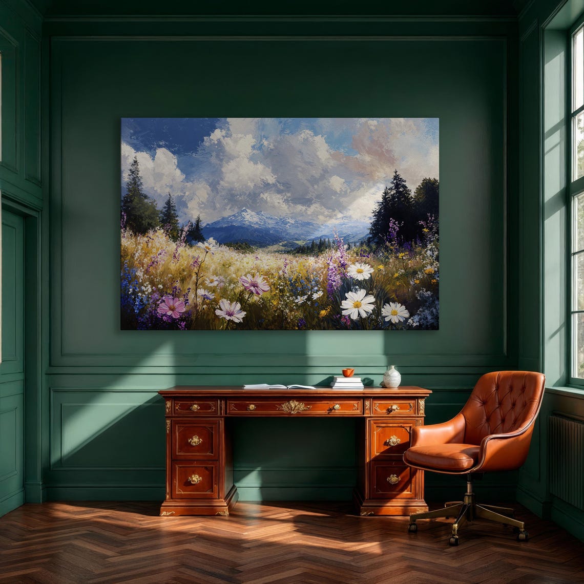 Wildflower Meadow Snowy Mountain Bright Blue Sky Landscape Poster