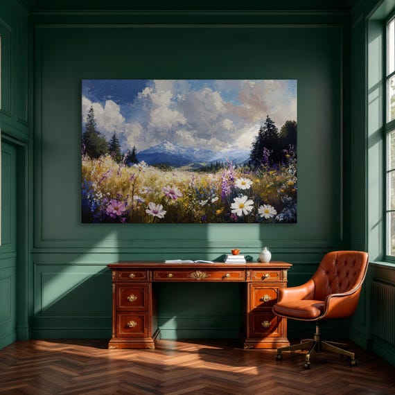 Panoramic Landscape Mountain Framed Canvas Print Blue Sky And Wildflowers On Green Meadow Wall Art Nature Decor Ready To Hang