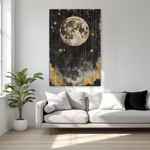 Magic Of Golden Moon Starry Night Framed Canvas Print Enchanted Celestial Beauty Wall Art Modern Gothic Decor Ready To Hang