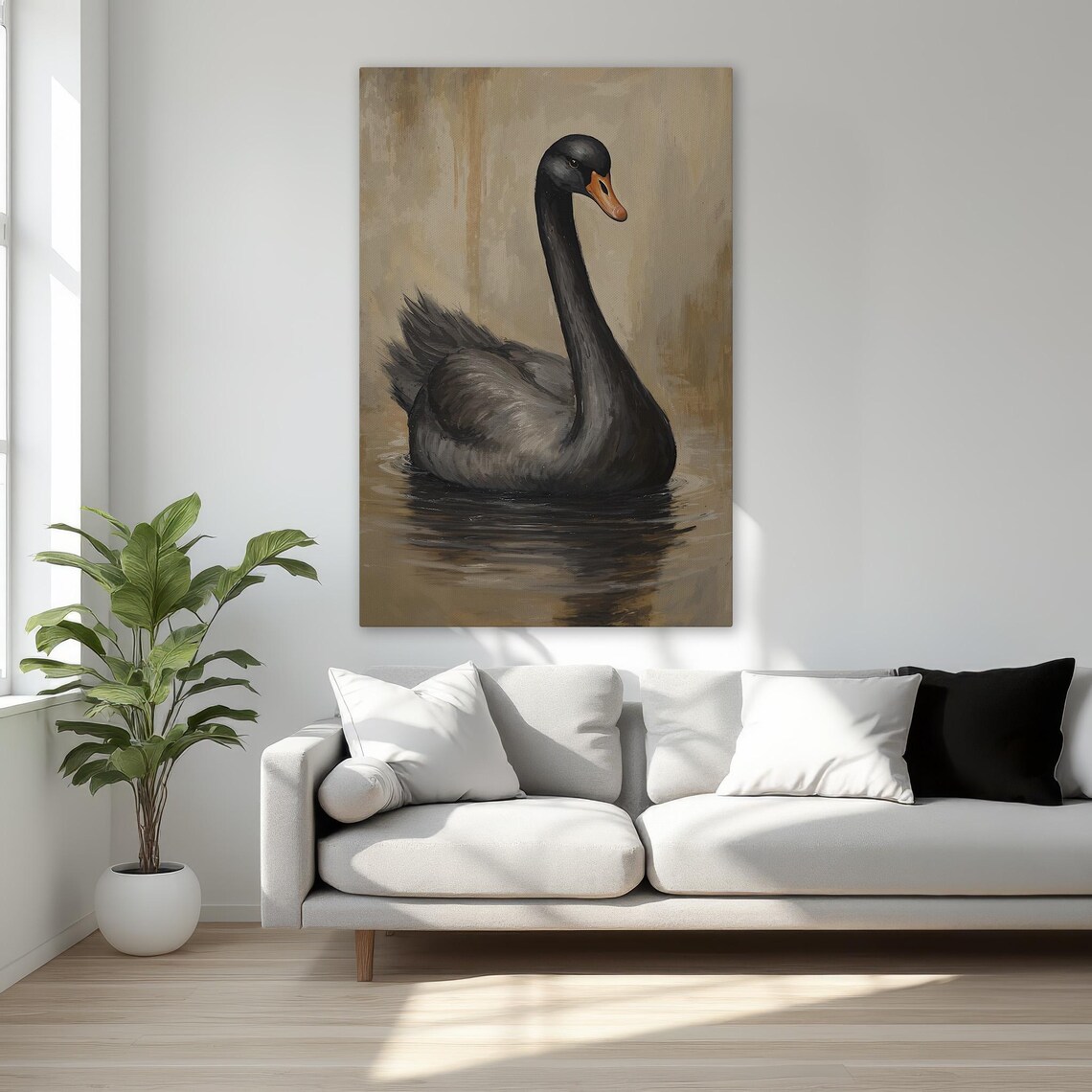 Black Swan on Calm Water Vintage Style Oil Painting Bird Poster