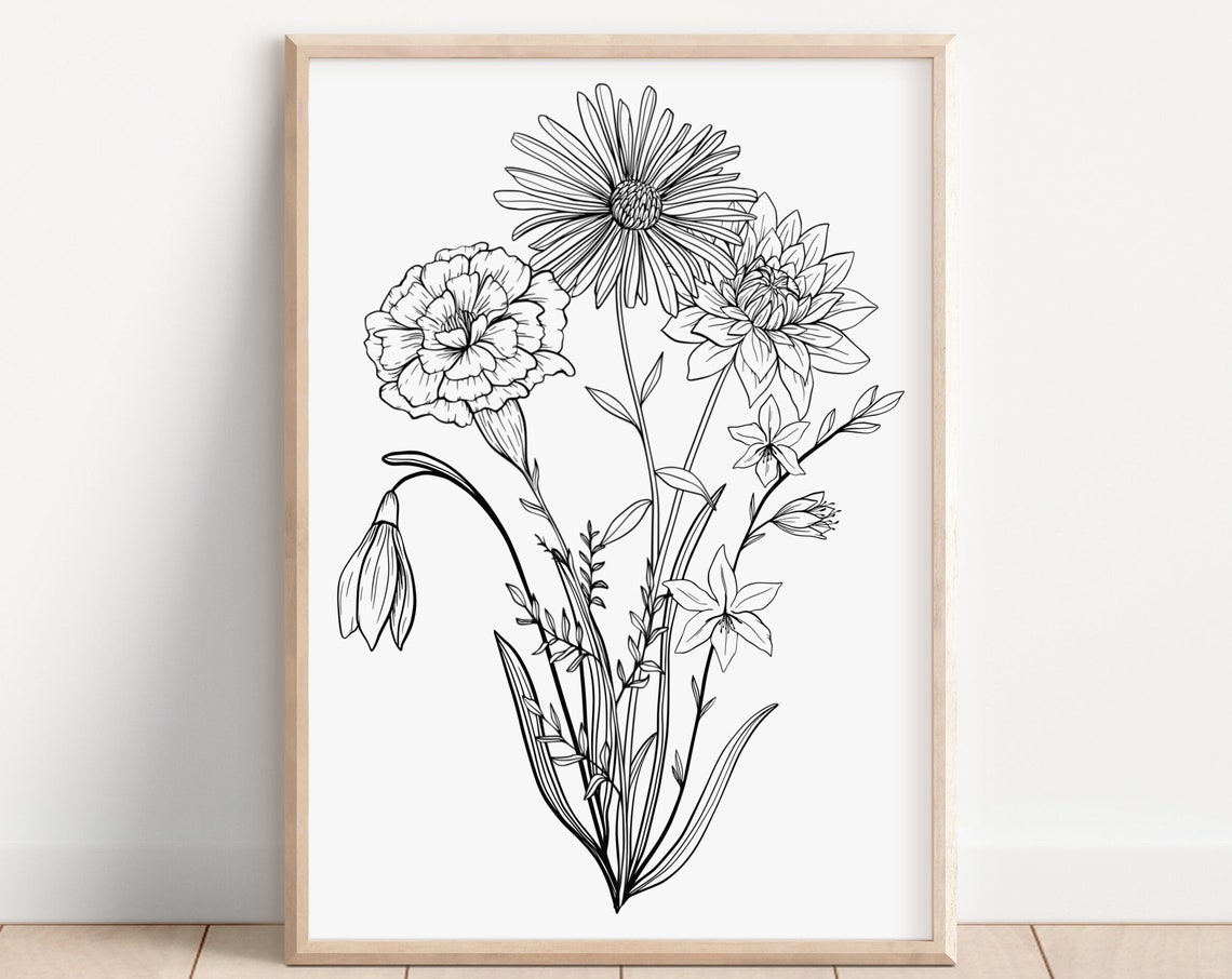Black And White Floral Line Art Bouquet Minimalist Botanical Poster