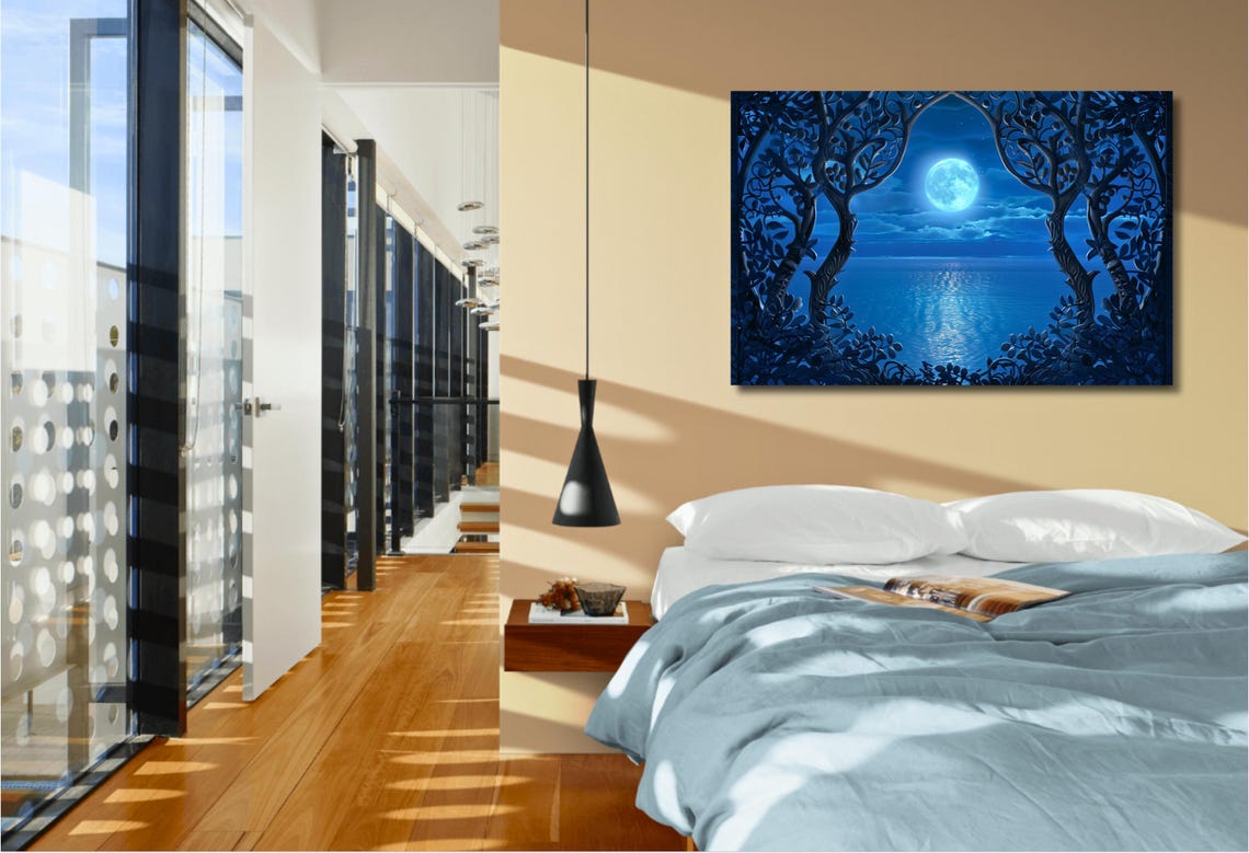 Full Moon Ocean Night Leafy Archway Dreamy Blue Seascape Poster - Image 2