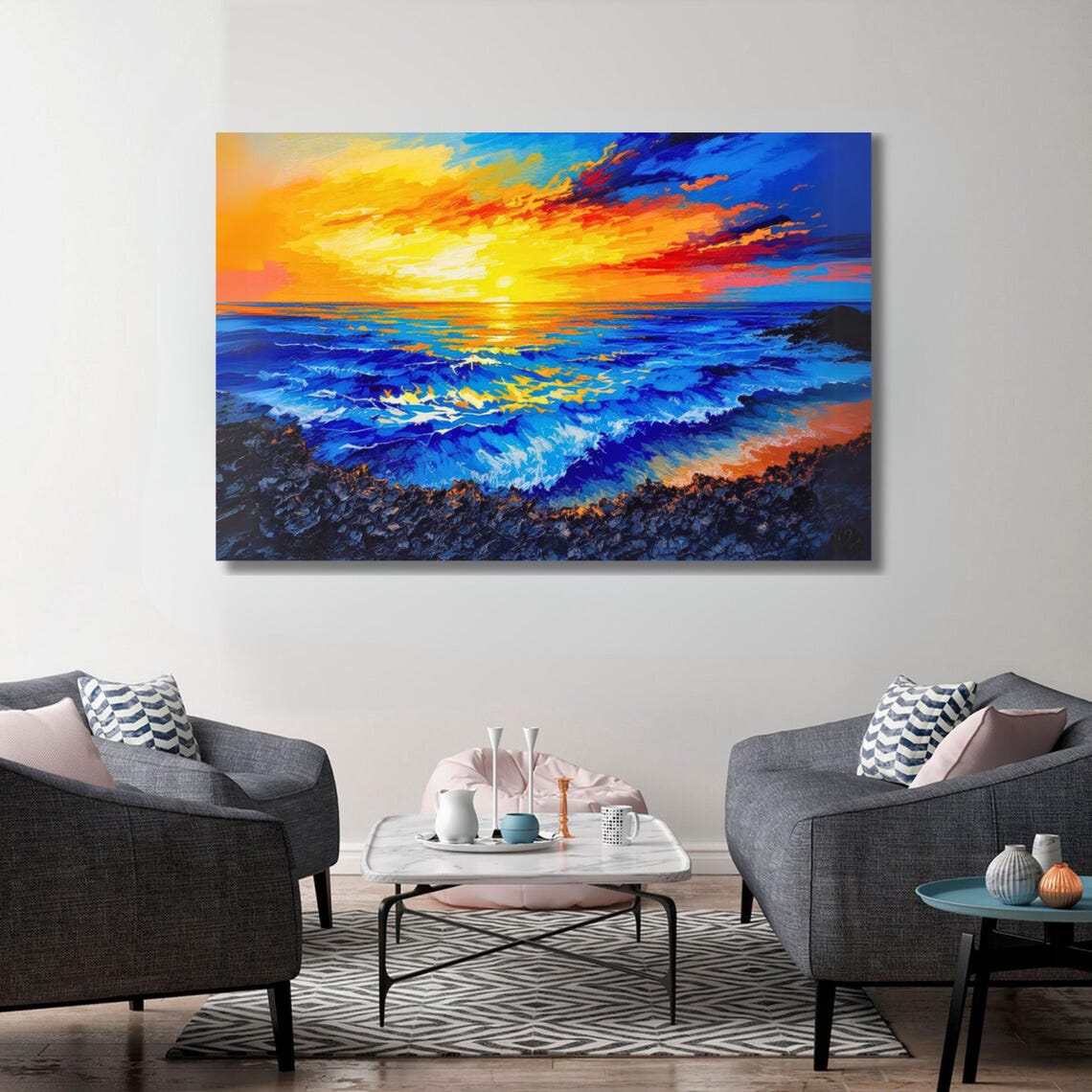 Vibrant Ocean Sunset Waves Fiery Sky Impasto Seascape Poster - Image 2