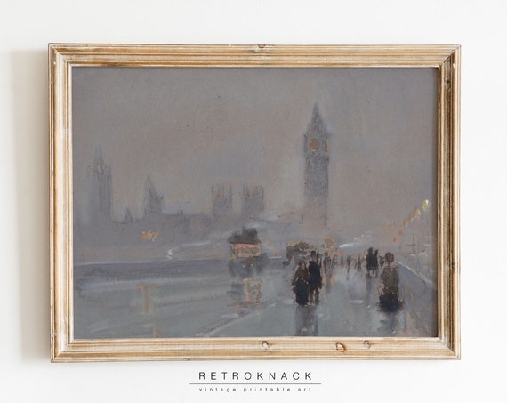 London Print Wall Art Antique Oil Painting London Big Ben View Moody Rainy London Art Print Pt19
