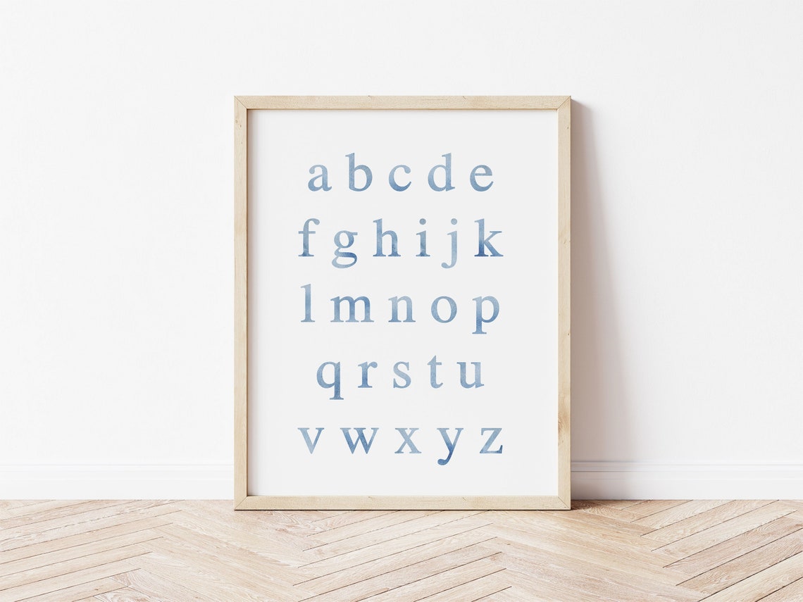 Blue Soft Watercolor Alphabet A To Z Nursery Kids Room Poster