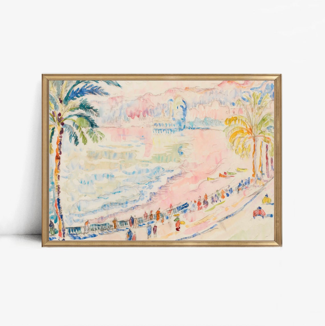 Mediterranean Palm Lined Seaside Promenade Pastel Watercolor Poster - Image 4