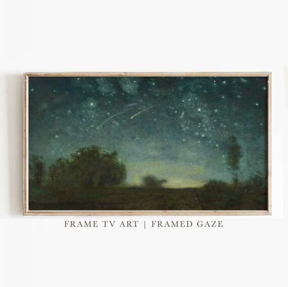 Vintage Starry Night Sky Tonalist Dark Moody Landscape Oil Painting Poster