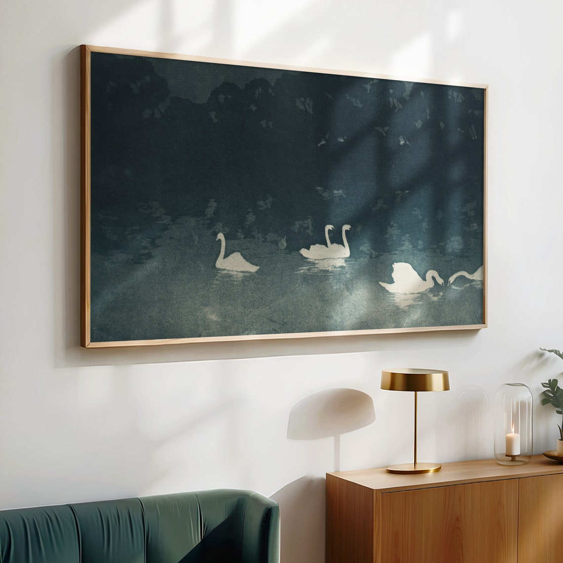 White Swans Dark Night Water Moonlit Lake Elegant Bird Art Poster - Image 3