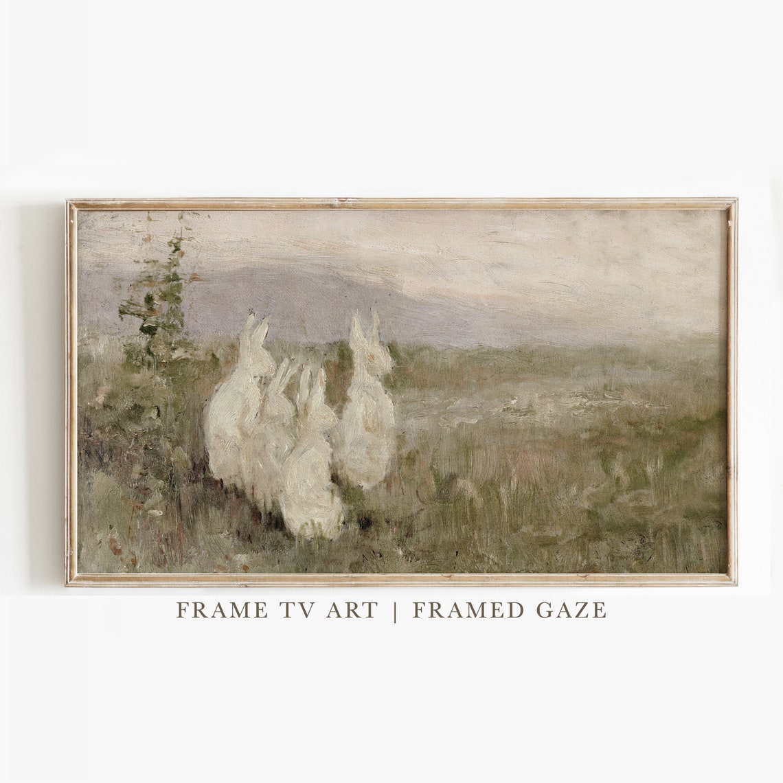 White Rabbits Misty Meadow Dusk Soft Neutral Wildlife Art Poster
