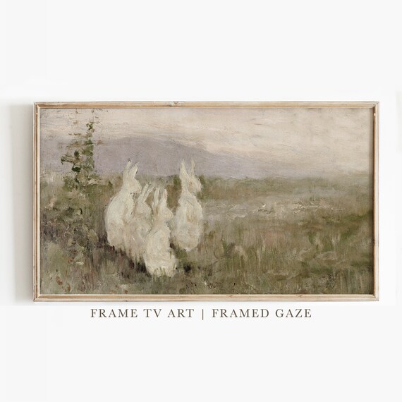 White Rabbits Misty Meadow Dusk Soft Neutral Wildlife Art Poster