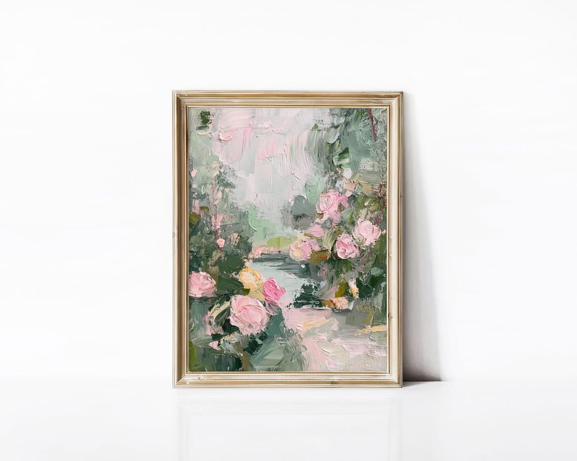 Pink Roses Impasto Garden Painting Romantic Floral Spring Wall Art - Image 4