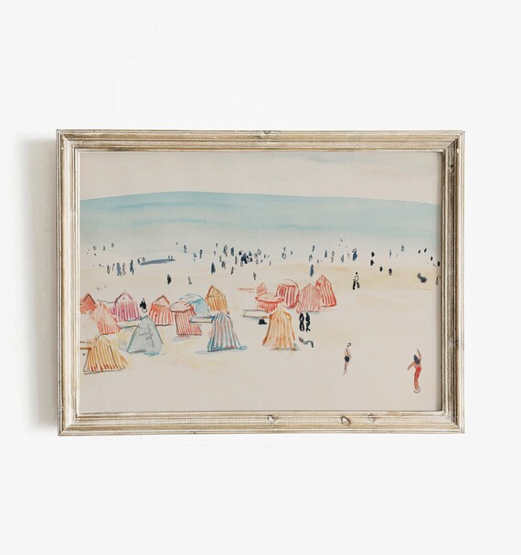 Striped Beach Tents Minimal Watercolor Sunny Coastline Poster