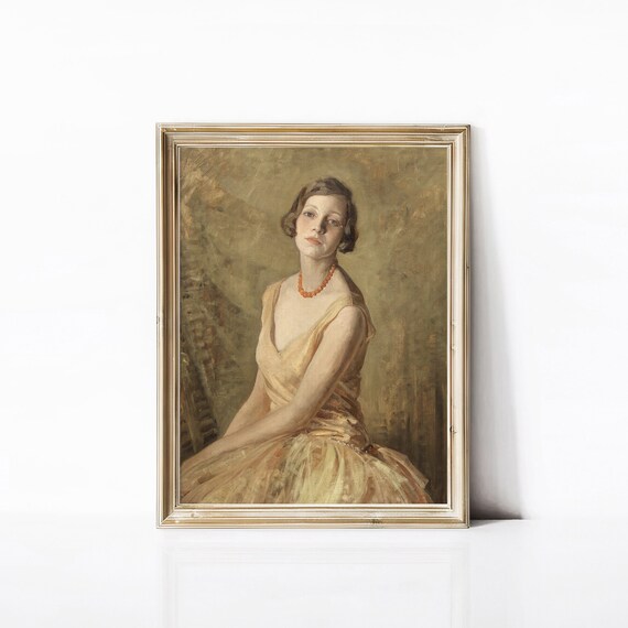 Vintage Woman Gold Dress Portrait Red Beads Elegant Classical Oil Painting Art