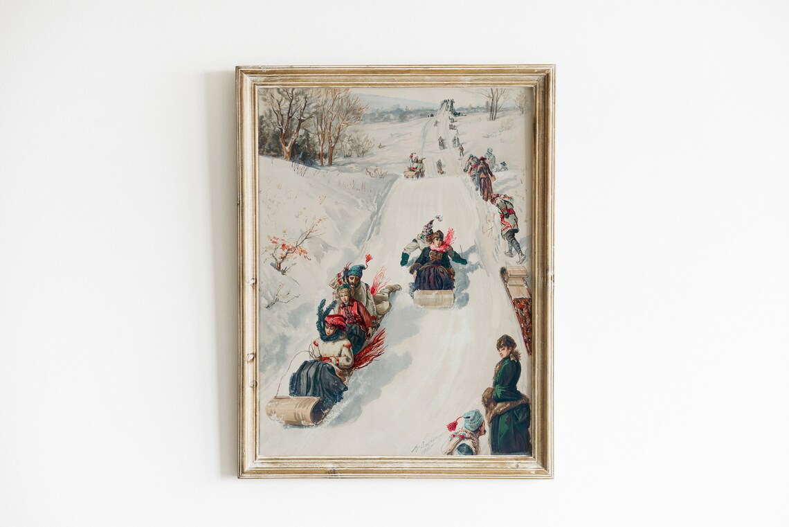 Vintage Winter Christmas Sledding Poster